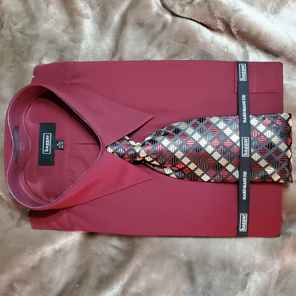 Brand New Maroon Haggar Dress Shirt with Coordinating Tie